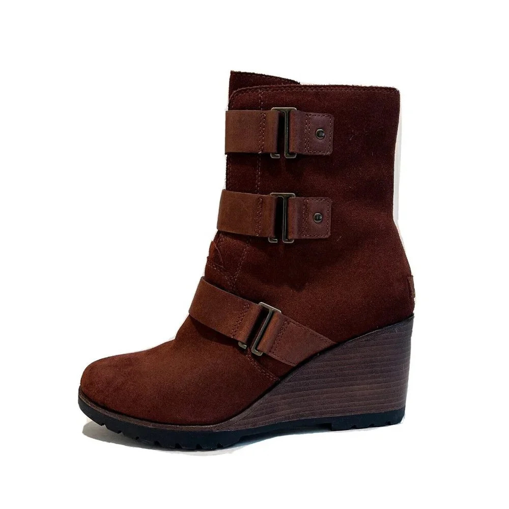 Sorel Brown Suede Buckle Bohemian Winter Round Toe Wedges FLAWED 10.5